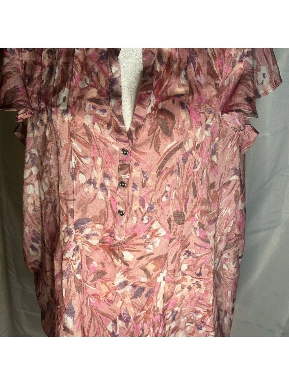 Coconut Woman 2X Pink Floral Flutter Sleeve Henley Blouse Pintuck Pleated Top